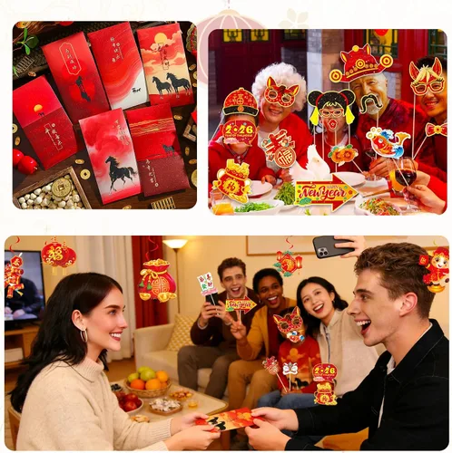 Vista 7 de Juego de 81 sobres rojos de Año Nuevo chino, paquetes rojos de caballo Hong Bao para fiestas, remolinos para selfies, accesorios para cabina