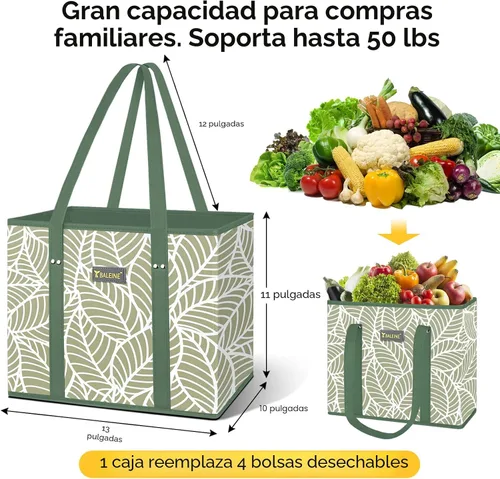 Vista 4 de BALEINE 1 paquete de bolsas reutilizables para comestibles, bolsas de compras plegables para comestibles con parte inferior reforzada y asas Follaje