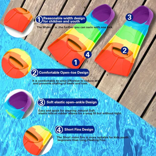 Vista 2 de Aletas de natación para niños, aletas cortas para jóvenes, aletas de entrenamiento de natación para natación de regazo, para niños y niñas Arco