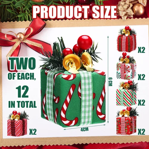 Vista 2 de Panelee 12 Piezas Cajas de Regalo de Árbol de Navidad Adornos Mini Adornos Rojos y Verdes Paquetes Envueltos de Navidad con Campana Bayas Rojas