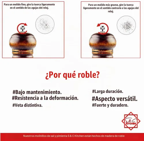 Vista 5 de Molinillo de pimienta de madera o molino de sal con un cepillo de limpieza, 8 pulgadas de alto, el mejor molinillo de pimienta o sal de madera