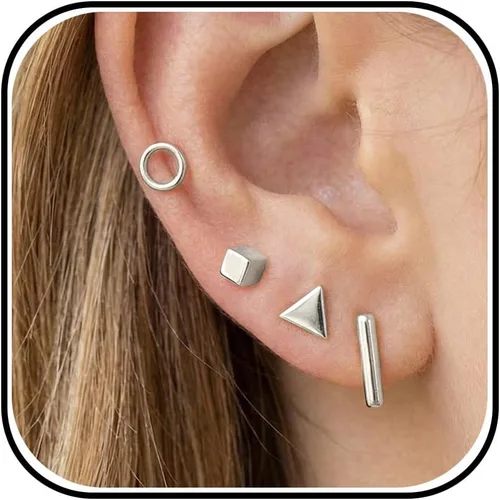 Vista 11 de Aretes pequeños para mujeres, aretes de botón simples con círculo pequeño, triángulo, barra cuadrada, aretes geométricos, aretes mini de cartílago