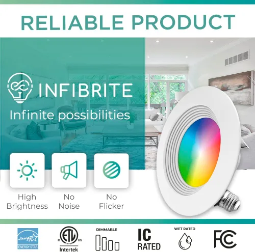 Vista 3 de INFIBRITE Luz empotrable inteligente de 4 pulgadas, cambio de color y blanco sintonizable, base LED E26 con reequipamiento WiFi, sin concentrador
