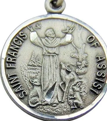 Vista 2 de Colgante de medalla de peltre de San Francisco de 34 pulgadas en cadena de acero inoxidable de 24 pulgadas, regalo, Peltre, No es una piedra preciosa