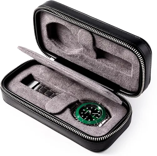 Vista 8 de Mr.Okay Funda de viaje para 2 relojes funda de cuero profesional para hombre, organizador de relojes portátil para almacenamiento y exhibición.