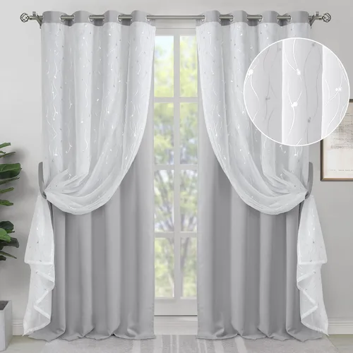 Vista 13 de BGment Cortinas de oscurecimiento de habitación con superposición transparente, cortinas de tul estampado plateado de doble capa para sala de estar