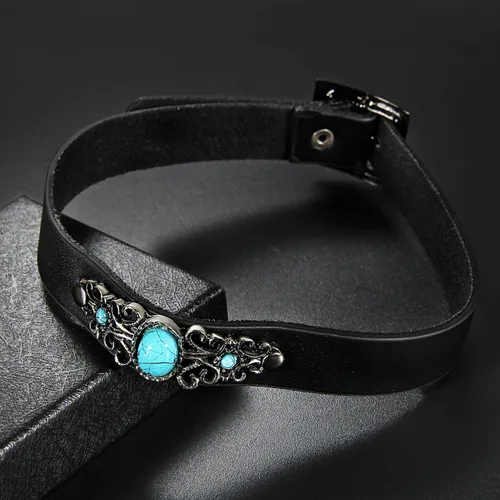 Vista 3 de Oidea Collar de San Valentín para mujer, gargantilla de cuero con hebilla ajustable antigua, collar de dije turquesa de imitación, con bolsa