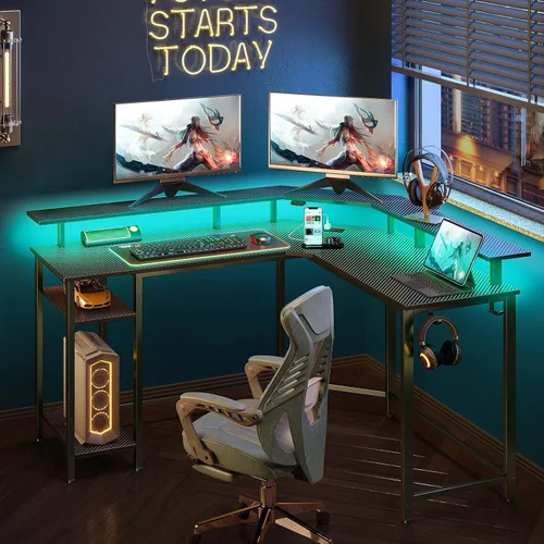 Vista 2 de Rolanstar Escritorio para juegos en forma de L con luces LED y tomas de corriente, escritorio de computadora de 46.2 pulgadas con soporte completo