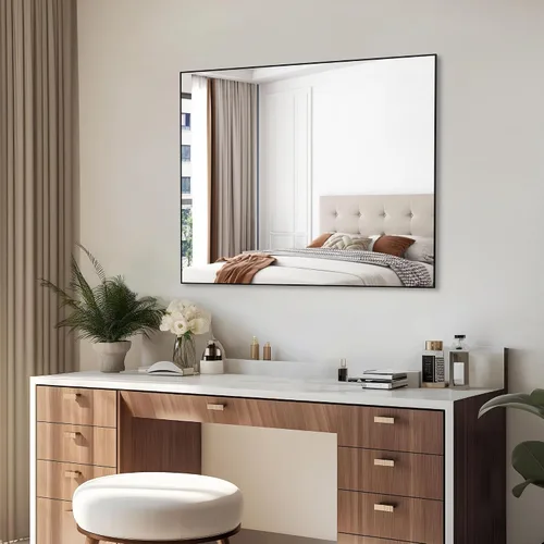Vista 9 de ANYHI Espejo de pared rectangular para baño, entrada, dormitorio, 36 x 30 pulgadas, espejo con marco de metal negro, moderno espejo de baño negro