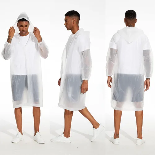 Vista 11 de OFFITECTURE Paquete de 2 ponchos de lluvia reutilizables para adultos, impermeables con capucha para mujeres/hombres con cordón