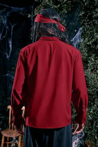 Vista 5 de Camisas medievales de pirata renacentista para hombre, con cordones, disfraz vikingo, mercenario, escocés, camisetas de jacobita ghillie, rojo