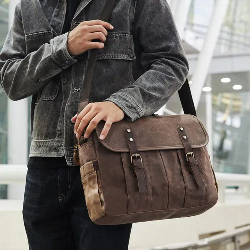 Vista 2 de NerIion Bolsa de mensajero para hombres de 15.6 pulgadas de lona vintage maletín de cuero genuino para hombres bolsa de computadora portátil bolsa