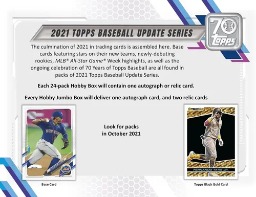 Vista 2 de Caja de hobby 2021 Topps Update Baseball (24 paquetes/14 tarjetas, 1 paquete plateado, Auto o Mem)