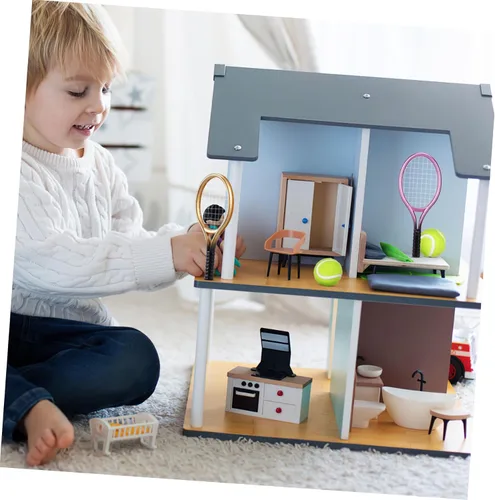 Vista 4 de Garneck Juego de 2 raquetas de tenis en miniatura y pelota de plástico, mini raqueta de tenis en miniatura, equipo deportivo para decoración