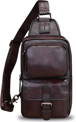 Vista 2 de LRTO Bolso bandolera de cuero genuino para motocicleta, hecho a mano, para senderismo, mochila de hombro retro, Café, Mochilas Sling