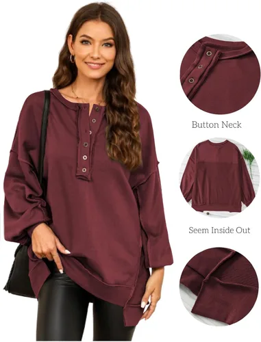 Vista 51 de AlvaQ - Sudadera de gran tamaño para mujer, informal, de manga larga, con botones y cuello Henley, tipo túnica