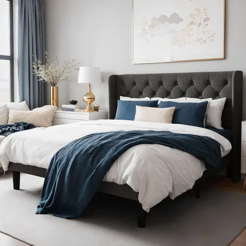 Vista 8 de WEEWAY Base de cama tapizada de tamaño matrimonial con cabecera copetuda con respaldo de alas, plataforma moderna con soporte de listones de madera