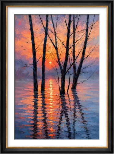 Vista 281 de MUDECOR Lienzo enmarcado prémium para pared, pinos nevados en bosque de invierno, ilustraciones modernas, arte contemporáneo, escénico, divertido