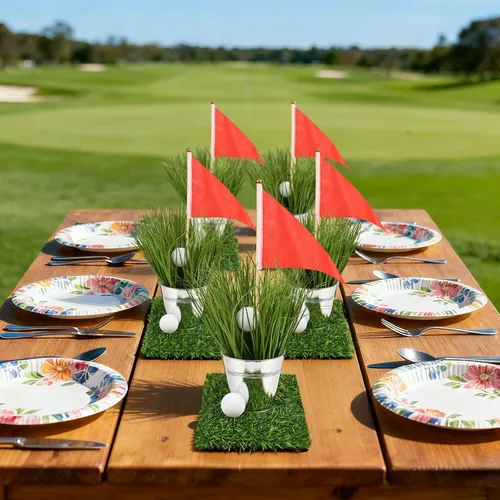Vista 7 de Juego de 6 centros de mesa de golf para mesas, incluye 6 cubos de hierro, tapetes de césped artificial, banderas rojas, 12 minigolf, 90, césped
