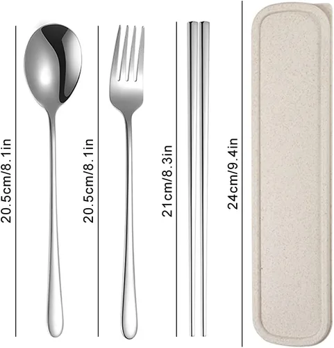 Vista 2 de Xihuimay Juego de 3 palillos de acero inoxidable, tenedor, cuchara con estuche de viaje, juego de cubiertos portátiles de metal, utensilios chinos
