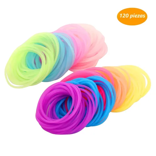 Vista 3 de 120 pulseras de gelatina de silicona brillantes de neón de los años 80, bandas elásticas para el cabello para adultos, mujeres, niños, niñas