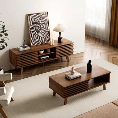 Vista 5 de Furniway Mesa de Centro Moderna de Mediados del Siglo, Mesa de Centro de Madera con Almacenamiento, Mesa de Estilo Rústico para Sala de Estar