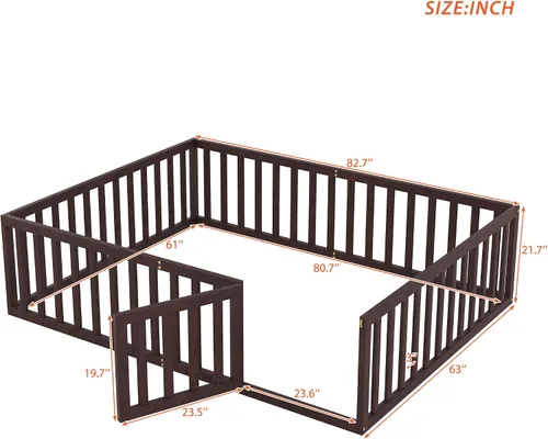 Vista 2 de Bellemave Cama de suelo de madera tamaño Queen para niños, cama Montessori con barandillas en forma de valla y puerta, para niños, niños y niñas