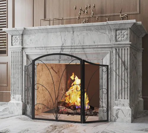 Vista 7 de Kingson - Pantalla para chimenea de 3 paneles con arco decorativo, hecha a mano, de hierro forjado con espiral, cubierta protectora contra chispas