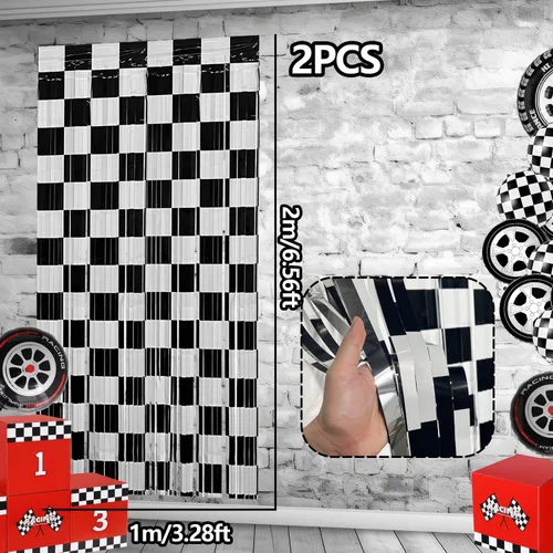 Vista 2 de Cortinas de Flecos de Aluminio de Coches de Carreras Telón de Fondo para Fiestas de Cumpleaños, Pack de 2, 1.00 x 2.00 m Cortinas de Flecos