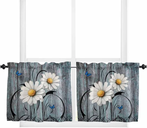 Vista 19 de Cortina de ventana ajustable con lazos para ventana, cenefa de cocina para sala de estar, arte abstracto, sol y arco iris, bolsillo para barra