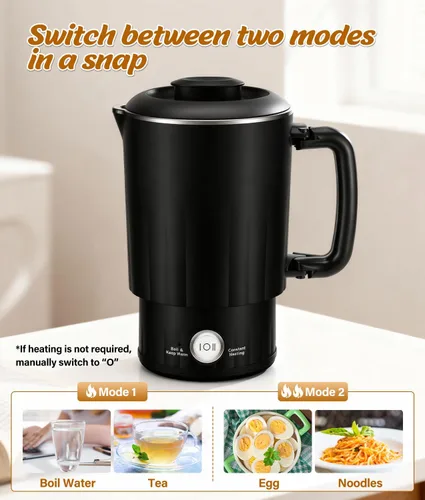 Vista 6 de Hervidor eléctrico portátil de viaje, hervidor de agua pequeño de 20.3 fl oz con taza de cerámica, caldera de agua de acero inoxidable 304 con doble