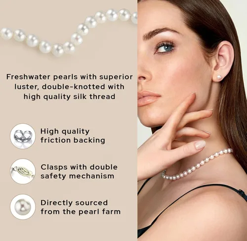 Vista 5 de The Pearl Source Juego de collar y aretes de perlas blancas de agua dulce para mujer, collar de hilo de perlas de oro de 14 quilates, collar