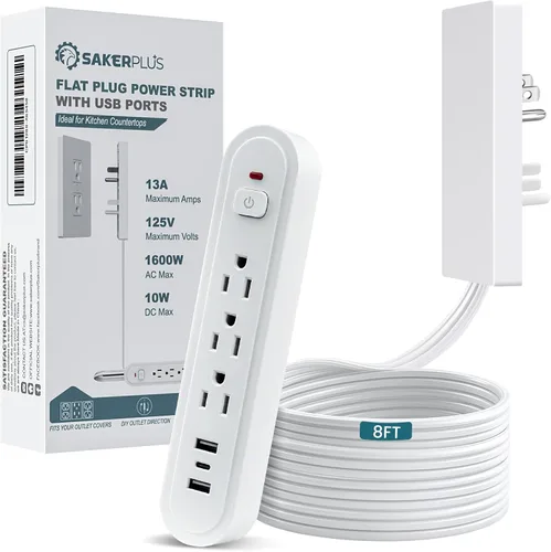 Vista 11 de SakerPlus Regleta de Enchufe Oculto Cable de Extensión Plano de 5 Pies Cable de Extensión de Cubierta de Enchufe Ultradelgado con 3