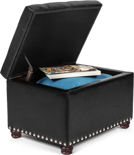 Vista 4 de Otomana de cuero con almacenamiento, 24 pulgadas, reposapiés otomanos con tapa con bisagras, taburetes tapizados rectangulares, con cabeza de clavo