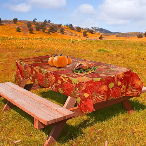Vista 5 de Tegeme 1 mantel de plástico desechable con hojas de otoño de Acción de Gracias, diseño de hojas de arce, calabaza y arce, mantel de plástico