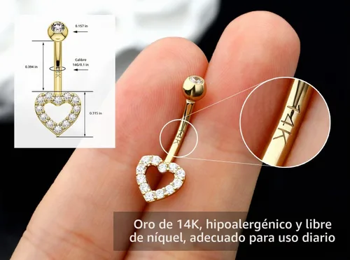 Vista 2 de Melighting Piercing de ombligo de oro de 14 quilates, joyería de piercing de ombligo de corazón con circonita cúbica transparente, joyería para mujer