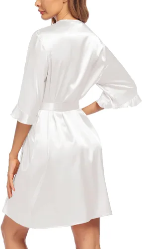 Vista 3 de Ekouaer Bata de satén para mujer, lencería de San Valentín para mujer, kimono, bata corta con volantes, cinturón, ropa de dormir para damas de honor
