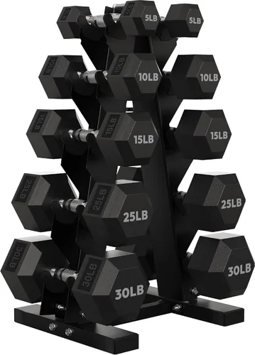Vista 14 de HANDBODE Juego de mancuernas hexagonales recubiertas de goma con estante de marco en A, 100 libras - 600 libras, múltiples opciones