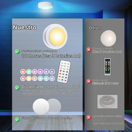 Vista 6 de Luces de disco con control remoto, 13 colores intercambiables, luces LED de disco con pilas, regulables, para debajo del gabinete, con 1 control