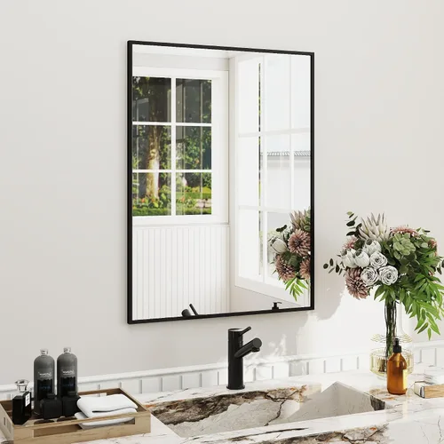 Vista 15 de [Usado] Espejo de baño con marco negro mate, espejo rectangular de tocador de 55 x 30 pulgadas, espejo de pared rectangular grande, antioxidante