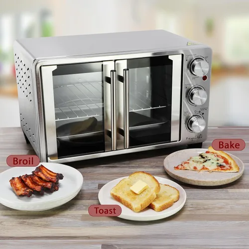 Vista 7 de MegaChef Horno Tostador Eléctrico Multifunción de Acero Inoxidable con Puerta Francesa de 26.4 Cuartos con Control de Temperatura y Temporizador