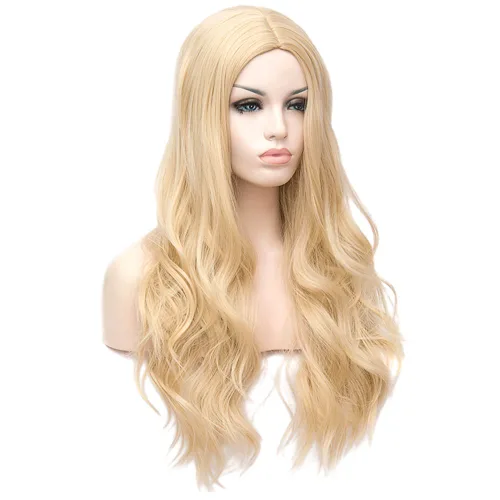 Vista 3 de Peluca larga rubia ondulada para mujeres y niñas, pelucas de cabello natural rizado para disfraces de cosplay, fiesta de Halloween, fibra sintética