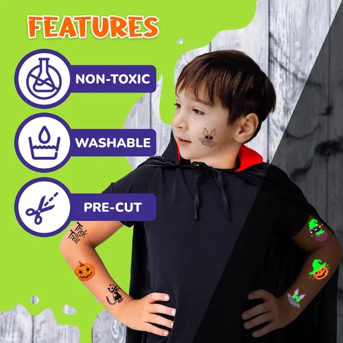Vista 6 de ArtCreativity Tatuajes temporales individuales de Halloween que brillan en la oscuridad para niños, juego de 144 tatuajes en 12 diseños