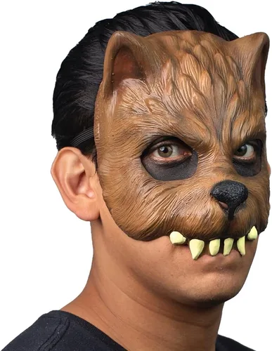 Vista 4 de Ghoulish Productions Máscara de hombre lobo. Máscara de lobo marrón. Máscara de lobo de media cara. Línea de máscaras JR. Máscara de látex