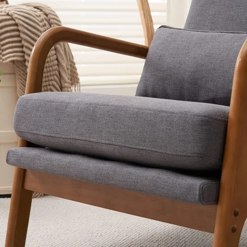 Vista 6 de SSLine Sillón tapizado moderno de tela de lino suave con almohada y marco de madera de roble, cómodo sofá individual con respaldo alto, silla
