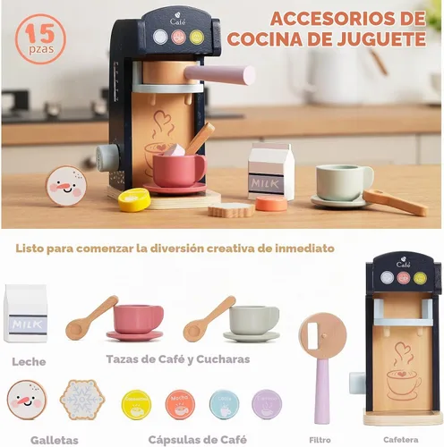 Vista 4 de PairPear - Cafetera de madera para niños, accesorios de cocina 15 piezas de juguetes de cocina de madera para alimentos, cafetera para niños
