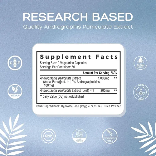 Vista 6 de Natural Cure Labs Extracto premium de Andrographis Paniculata 1,200 mg - 100 mg de andrografólidos estandarizados - Cápsulas veganas de apoyo
