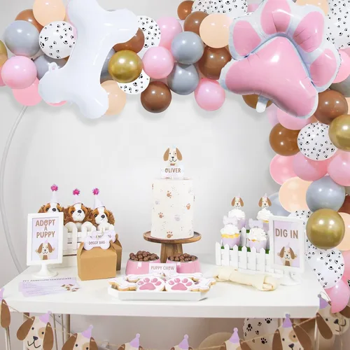 Vista 7 de Decoraciones de fiesta de perro, guirnalda de globos de pata de perro rosa, kit de arco de guirnalda de globos de fiesta de perro con pata de perro
