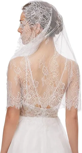 Vista 5 de Mantilla Veil Latin Mass Head Cover Spanish Style Lace Tradicional Vintage Inspirado Infinity Forma (blanco), Blanco
