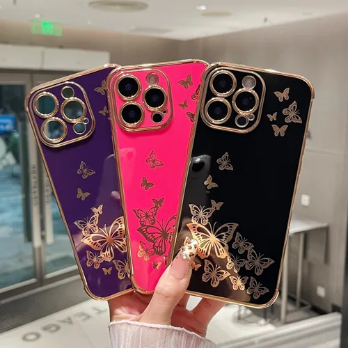 Vista 7 de ZTOFERA Funda protectora para iPhone 16 Pro, funda protectora para mujer, linda mariposa galvanizada, borde dorado, a prueba de golpes, delgada